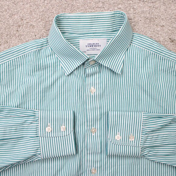 Charles Tyrwhitt Dress Shirt Mens 16 1/2, 34 Green/White Classic Fit L/S Button - Picture 1 of 13